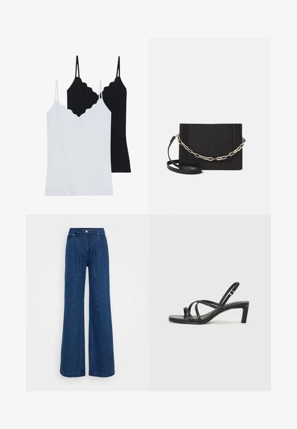 Dve majice na naramnice v črni in beli barvi, izdelane iz nežne tkanine, s skodrano robom in tankimi nastavljivimi naramnicami.; Široke modre jeans hlače z visokim pasom, sprednjim gumbom in zadrgo ter sprednjimi in zadnjimi žepi na enobarvni podlagi.; Črne natikače s trakovi in kvadratnim prstom ter nizkim blokastim peto. Imajo več tankih trakov in nastavljiv trak okoli gležnja. Narejene so iz gladkega usnja.; Črna usnjena torba čez ramo z gladko teksturo, pravokotno obliko in kovinskim verižnim detajlom spredaj. Vključena je nastavljiva naramnica.