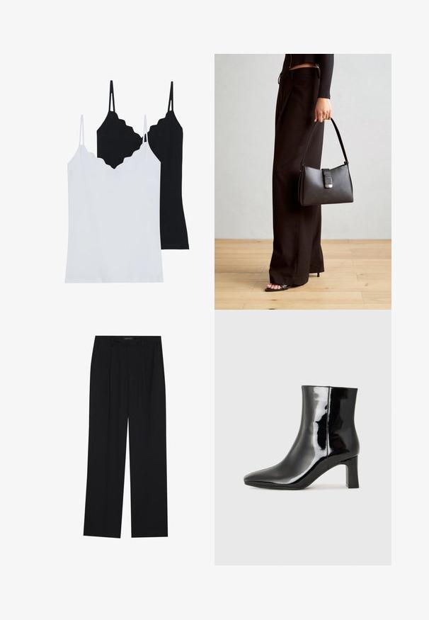 Dvě tílka v černé a bílé barvě, vyrobená z jemné tkaniny, se zoubkovanými okraji a tenkými nastavovacími ramínky.; Černé kalhoty se střihem rovného nohavice, které mají dvě přední kapsy a pas. Vyrobené z hladkého, lehkého materiálu.; Černé lakované kotníkové boty s špičatou špičkou a středně vysokým blokovým podpatkem. Hladká textura a minimalistický design.; Černá kabelka se strukturovaným tvarem, hladkým povrchem a kovovým uzávěrem. Kombinována s širokými černými kalhotami a sandály s otevřenou špičkou na dřevěné podlaze.
