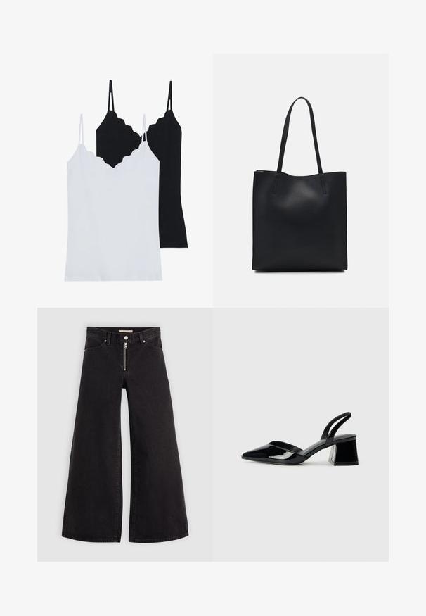 Két fekete és fehér camisole felső, puha anyagból, ívelt szélű és vékony állítható pánttal.; Fekete denim széles szárú farmer, cipzáros elejével, öt zsebes kialakítással és diszkrét varrással. Sima textúra és laza stílus.; Fekete lakk bőr szandálkés magas sarkú cipő, hegyes orral és geometrikus tömbsarkakkal. Karcsú, minimalista dizájn és sima textúra jellemzi.; Fekete bőrtáska sima felszínnel, téglalap alakú, két hosszú füllel. Nincs látható fémkiegészítő vagy díszítés.