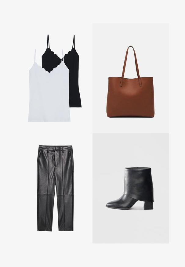 Kaks musta ja valget kampsunit, pehmest kangast, kaunistatud laineliste servadega ja õhukeste reguleeritavate rihmadega.; Mustad nahkpüksid sileda tekstuuriga, sirge lõikega, kahe eesmine taskuga ja nähtavate õmblusteta.; Mustad nahast pahkluuring, millel on terav varvas, sile tekstuur ja struktureeritud plokknakk. Omab kõrget, volditud suud.; Pruun nahast tote-kott, millel on sile tekstuur, avatud ülaosa disain ja kaks õlarihma. Omab minimaalset õmblust ja nähtavat riistvara ei ole.