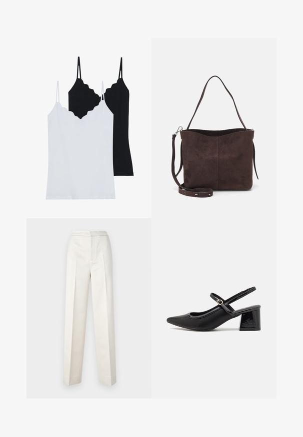 Dve majice na naramnice v črni in beli barvi, izdelane iz nežne tkanine, s skodrano robom in tankimi nastavljivimi naramnicami.; Hlače kremaste barve s krojem po meri, vsebujejo ravno nogavico, gladko blago, sprednje naborke in čist rob. Minimalističen dizajn.; Črne patentne usnjene salonarce s slingback obliko, s koničastim nosom, zaobljenim izrezom in blok peto. Imajo zlato kovinsko zaponko kot dodatno okrasje.; Rjava gamoška torba z mehkobo teksturo, ki ima en samo ramenski trak in subtilno ukrivljen zgornji del. Brez vidnih kovinskih detajlov.