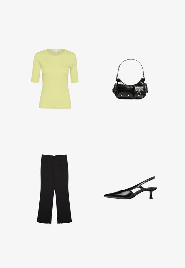 Majica s kratkim rukavima u svijetlozelenoj boji, napravljena od mekanog, rastezljivog materijala. Ima okrugli izrez i jednostavan dizajn, pogodna za ležernu odjeću.; Crne hlače ravnog kroja, s prednjim džepovima i bočnim prorezima na rubu. Izrađene od mekog i glatkog materijala. Pogodne za razne prigode.; Crne lakirane natikače na remenčić sa špicastim nosom, dizajnom sa izrezima sa strane i malim kvadratnim potplatom. Glatka tekstura s minimalnim akcentima.; Crna patentna kožna torba s zakrivljenim oblikom, jednim remenom za rame, prednjim džepovima i akcentima od srebrnog tona.
