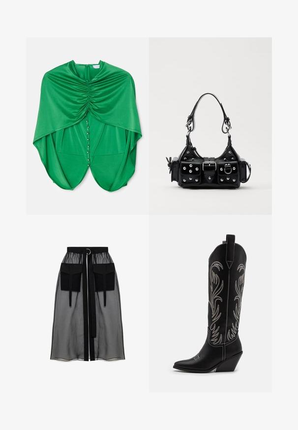 Žalia bluzelė su drapiruotu dizainu, turinti susikaupusį audinį kaklo srityje, priekinį užsegimą su spaustuku ir laisvai krentančias rankoves.; Juoda permatoma sijonas su surinkta liemene, dviem didelėm priekinėm kišenėm, liemens raišteliu ir apvaliu metaliniu akcentu.; Juodi oda kaubojiški batai su smailiu nosiu, stulpeliu ir sidabriniais siuvinėti gėlių raštais palei šoną. Kontrastingas siuvinėjimas visoje bato dalyje.; Juodas odinis rankinukas su kreiviu dizainu, su sidabro spalvos knopkėmis, užsegimu ir dviem šoninėmis kišenėmis. Reguliuojama dirželis nešimui.