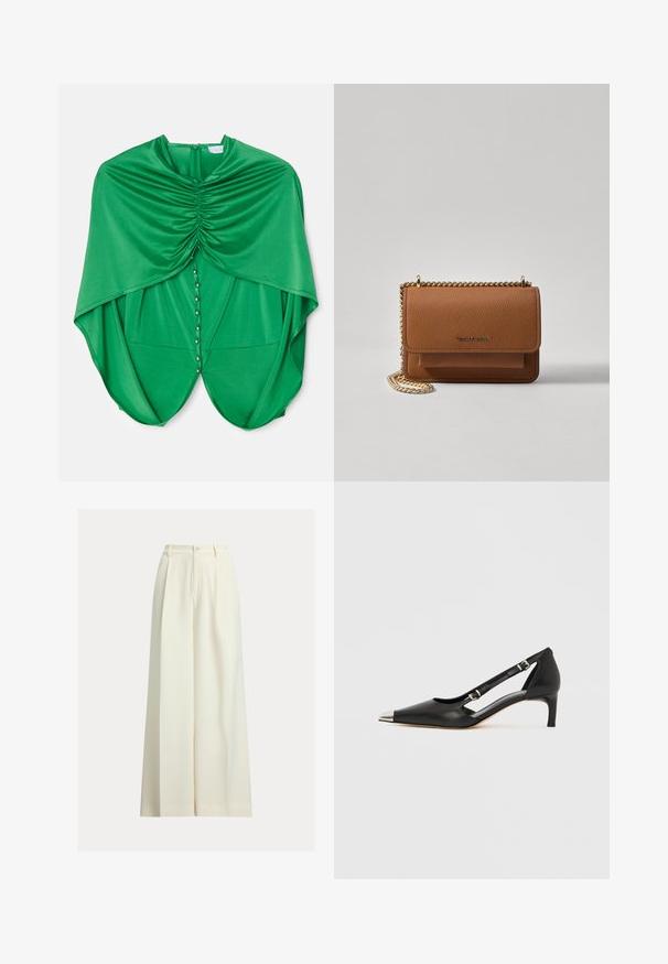 Zöld blúz, elegáns redőzött dizájnnal, összegyűjtött anyaggal a nyakrésznél, elöl patentgombos záródással és laza ujjakkal.; Krém színű, széles szárú nadrág sima anyagból, magas derékkal, két első hajtással és egygombos záródással.; Fekete bőrből készült kismagassarkú, hegyes ezüst orrkupakkal és dupla csatos pántokkal, fehér háttéren.; Barna textúrájú bőr keresztbody táska arany lánc pánttal és fedélzárral. Az elején logó részlet és egy zseb található a fedél alatt.