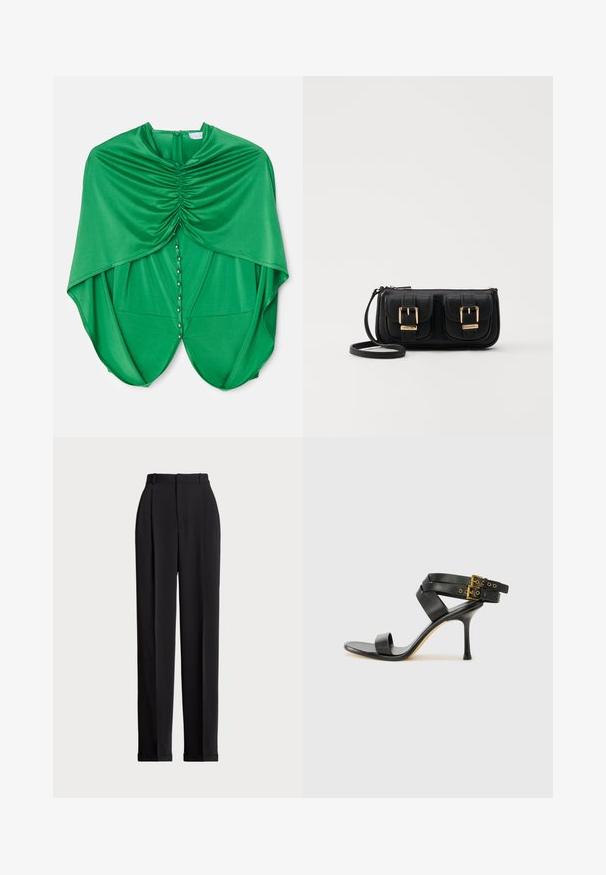 Zelena bluzica z drapirano zasnovo, ki ima nabran material ob ovratniku, zapiranje na gumbke spredaj in tekoče rokave.; Črne krojene hlače z visokim pasom, z naborki spredaj, ravnim krojem in manšetami na koncu. Narejene iz gladkega materiala.; Črne sandale na peto z križnimi trakovi in prilagodljivo zaponko. Imajo gladko teksturo in zožen peto.; Črna usnjena torbica čez ramo z dvema sprednjima žepoma, zlatimi zaponkami, zadrgo in ozkim pasom. Tekstura površine je strukturirana, obliko pa ima kompaktno pravokotno.