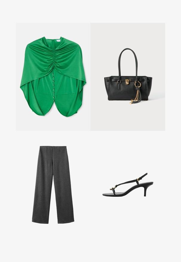 Zelena bluzica z drapirano zasnovo, ki ima nabran material ob ovratniku, zapiranje na gumbke spredaj in tekoče rokave.; Široke hlače iz temno sive tkanine z gladko teksturo. Imajo srednje visok pas in brez vidnih zapenjanj ali okrasnih elementov.; Črne usnjene sandale s kitten peto, tankimi trakovi, zlate zaponke in minimalistično zanko za prste na beli podlagi.; Črna usnjena torbica z dvojno ročajema, zlatim ključavnico in detajlom verige, ter dodatkom črno-belih rese na belem ozadju.; Kovinski prstan s poliranim srebrnim zaključkom, ki vsebuje tri prepletene ukrivljene sekcije, kar ustvarja gladko in skladno obliko.