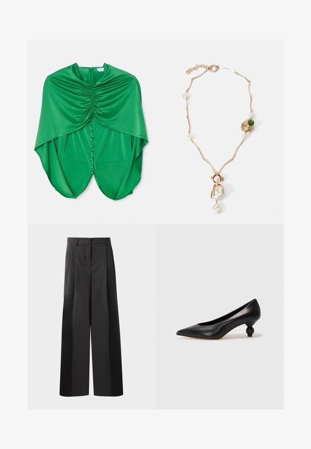 Zielona bluzka z drapowanym wzorem, z marszczonym materiałem przy dekolcie, zapięcie na zatrzask z przodu i zwiewnymi rękawami.; Czarne szerokie spodnie z wysokim stanem, z przodu z fałdami, o gładkiej fakturze i dopasowanym wykończeniu. Zaprojektowane z myślą o luźnym kroju.; Czarna skórzana szpilka z ostrym czubkiem i okrągłym, kulistym obcasem. Gładka tekstura z eleganckim, minimalistycznym wzornictwem.; Złota naszyjnik z splotami, białymi perłami i akcentem zielonego kamienia. Posiada skomplikowane detale oraz zapięcie do zamykania.