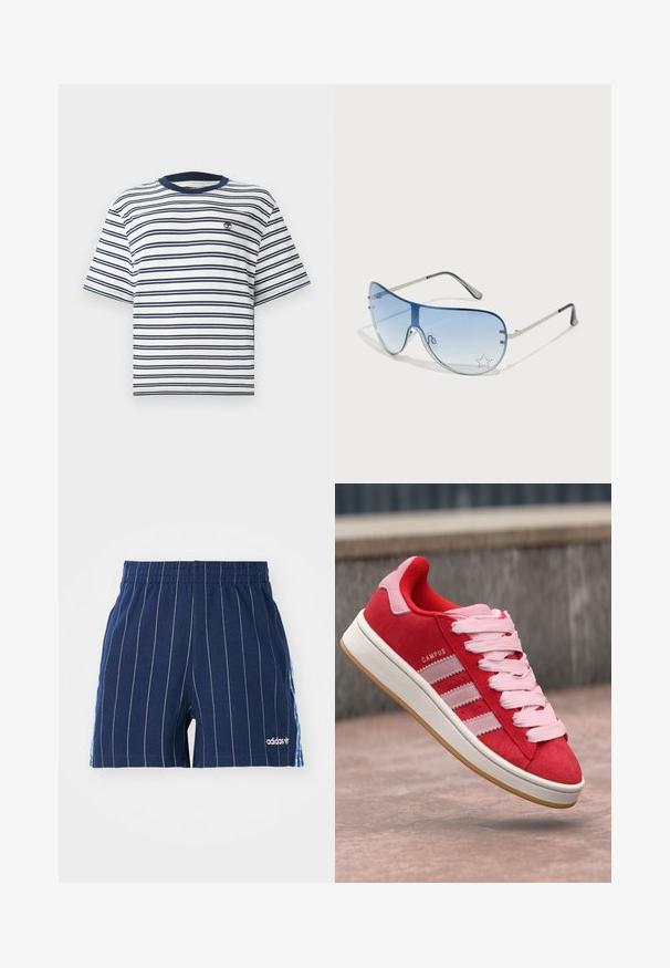 Stripet kortermet t-skjorte i hvit og marineblå. Har en rund hals med marineblå ribbestrikket kant og en liten brodert logo på brystet.; Mørkeblå shorts med hvite striper, elastisk midje og Adidas-logo. Har blå detaljer på sidene, laget av en bomullsblanding.; Røde semskede joggesko med rosa detaljer, med tre hvite striper og lyserosa snører. Hvit såle og gummisåle.; Pilotbriller med gradient blå linse, sølvfarget metallramme og dekorative stjerneaksenter på linsen. Glatt og stilren design.