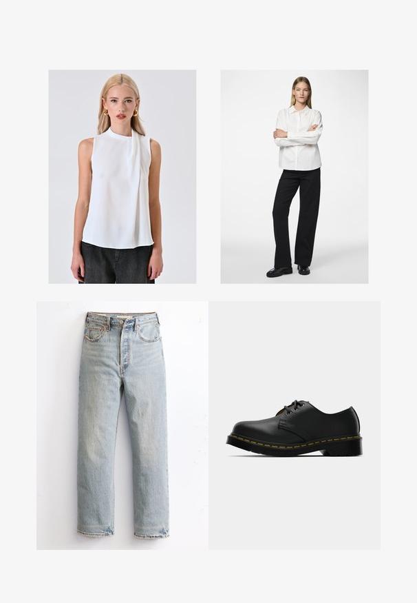 Blusa bianca senza maniche con collo alto e accento drappeggiato. Realizzata in un tessuto leggero e liscio, presenta una vestibilità rilassata.; Camicia bianca con colletto e maniche lunghe, abbinata a pantaloni neri a gamba larga e scarpe nere lucide. Tessuto morbido, vestibilità comoda.; Jeans in denim azzurro chiaro con design a gamba dritta, caratterizzati da orlo strappato, rivetti di rame e stile classico a cinque tasche.; Scarpe in pelle nera con punta arrotondata, design con lacci, cuciture gialle lungo la suola e una robusta suola in gomma nera per la trazione.