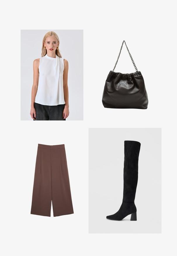Blusa bianca senza maniche con collo alto e accento drappeggiato. Realizzata in un tessuto leggero e liscio, presenta una vestibilità rilassata.; Pantaloni ampi marroni con una texture liscia, caratterizzati da una vita alta e pieghe frontali. Il tessuto è leggero e scorre liberamente.; Stivale in suede nero alto fino al ginocchio con tacco a blocco, punta affusolata e design liscio e senza cuciture su uno sfondo chiaro e semplice.; Borsa in pelle marrone con parte superiore arricciata e tracolla a catena. Texture liscia con finitura lucida e dettagli di cucitura sottili sui lati.