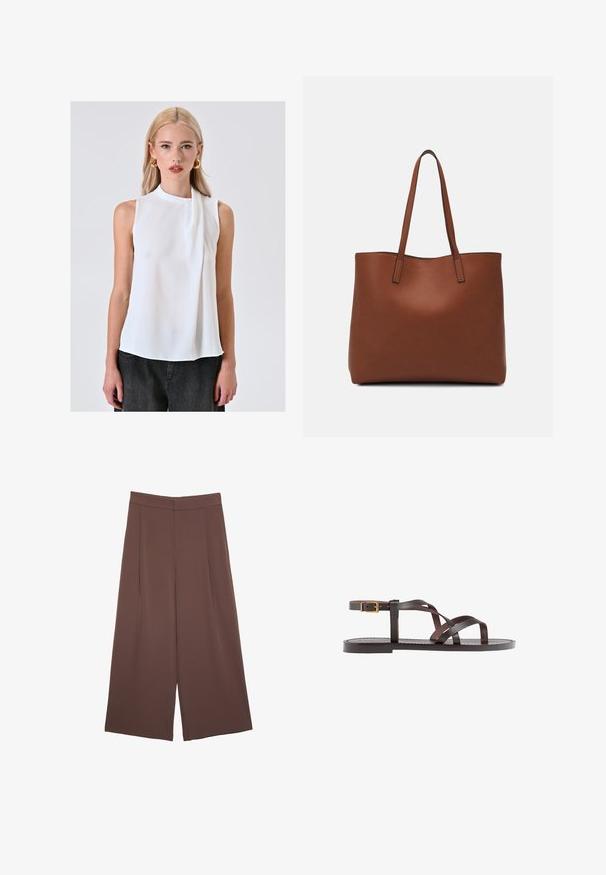 Weiße ärmellose Bluse mit hohem Kragen und drapiertem Akzent. Hergestellt aus einem glatten, leichten Stoff, mit einem lockeren Schnitt.; Braune Weite-Leg-Hosen mit einer glatten Textur, hoher Taille und Vorderfalten. Der Stoff ist leicht und fällt locker.; Braune Leder-Sandale mit überkreuzten Riemen, einem Knöchelriemen mit Schnalle und einer flachen Sohle mit minimalen Nähdetails.; Braune Leder-Tote mit glatter Textur, offenem Oberteil und zwei Schulterriemen. Verfügt über minimale Nähte und keine sichtbaren Beschläge.