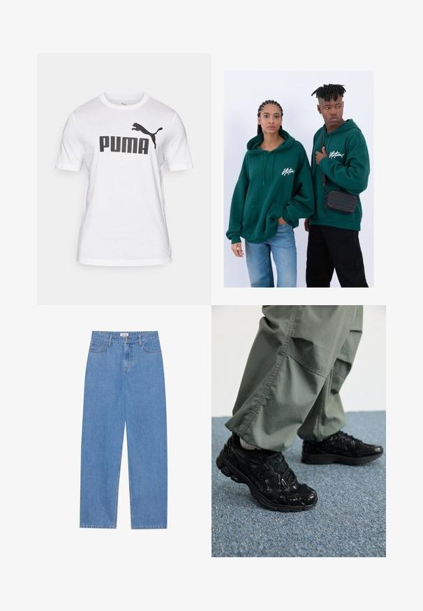 T-shirt de algodão branco com um grande logótipo preto "PUMA" e um gráfico de um gato a saltar em preto no lado esquerdo. Mangas curtas, design de gola redonda.; Jeans de denim azul claro com corte reto, design de cinco bolsos, fecho com um único botão e detalhes de costura subtil nas costuras.; Sapatilhas desportivas pretas com texturas brilhantes e de malha, apresentando uma sola grossa e atacadores, combinadas com calças cargo largas de cor verde-oliva.; Sweatshirts verdes com capuz e bolsos frontais, de corte largo. Um modelo usa jeans pretos, enquanto o outro leva uma bolsa crossbody preta.
