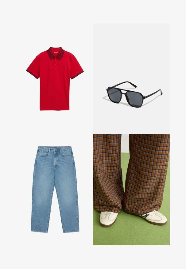 Červené polo tričko s krátkym rukávom, tmavým golierom a okrajmi rukávov, zapínaním na dva gombíky a malým logom na hrudi.; Svetlo modré džíny s širokými nohavicami a vysokým pásom, s piatimi vreckami, pútkami na opasok a jemnou, mierne vyblednutou štruktúrou.; Hnedé a modré kárované nohavice s širokými nohavicami skombinované s bielymi topánkami s čiernymi akcentmi a textúrovanými podrážkami, umiestnené na zelenom pozadí.; Čierne slnečné okuliare s osemuholníkovým rámom, tmavými sklami, lesklým povrchom, tenkými rámčekmi a zlatými akcentmi na prednej strane.
