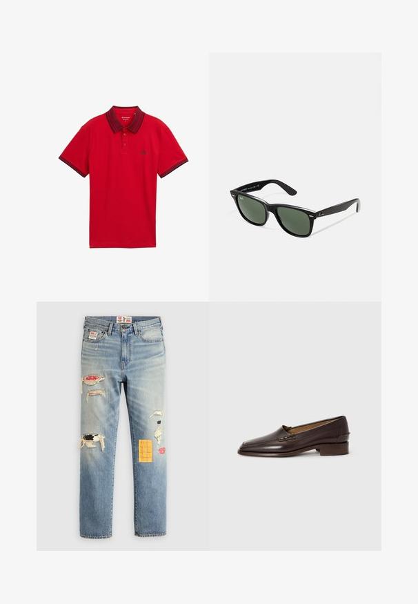 Polo rouge à manches courtes avec col et bords de manches foncés, patte de boutonnage à deux boutons et petit logo sur la poitrine.; Jean en denim bleu clair avec une coupe décontractée, présentant des patchs déchirés dans diverses couleurs et motifs, y compris des accents orange et rouge.; Mocassins en cuir marron avec un bout légèrement pointu, un petit talon empilé et des coutures décoratives sur le dessus. Texture lisse, design minimaliste.; Lunettes de soleil en plastique noir avec verres verts, monture carrée, accent argenté sur le sourcil et branches texturées. Marque indiquée sur l'intérieur de la branche.