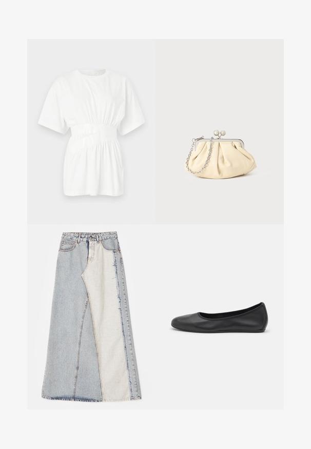 Balta īsām piedurknēm t-krekls, izgatavots no gludas kokvilnas. Aprīkots ar savilktu vidukli ar spīdīgu jostu un apaļu kakla izgriezumu. Vienkāršs dizains.; Džinsu svārki ar aplicējumu dizainu, kas sastāv no gaiši un vidēji zilo daļu, ar nodilušiem malām un augsto jostu. Klasiskā piecu kabatu stilā.; Melna ādas baleta kurpe ar noapaļotu purngalu, gludu tekstūru, minimālu šuvju detalizāciju un elastīgu zoles dizainu.; Rūpīgi pleatota bežīga ādas somiņa ar sudraba metāla rāmi, kurai ir divas apaļas dekoratīvas sprādzes un sudraba ķēdes siksna.