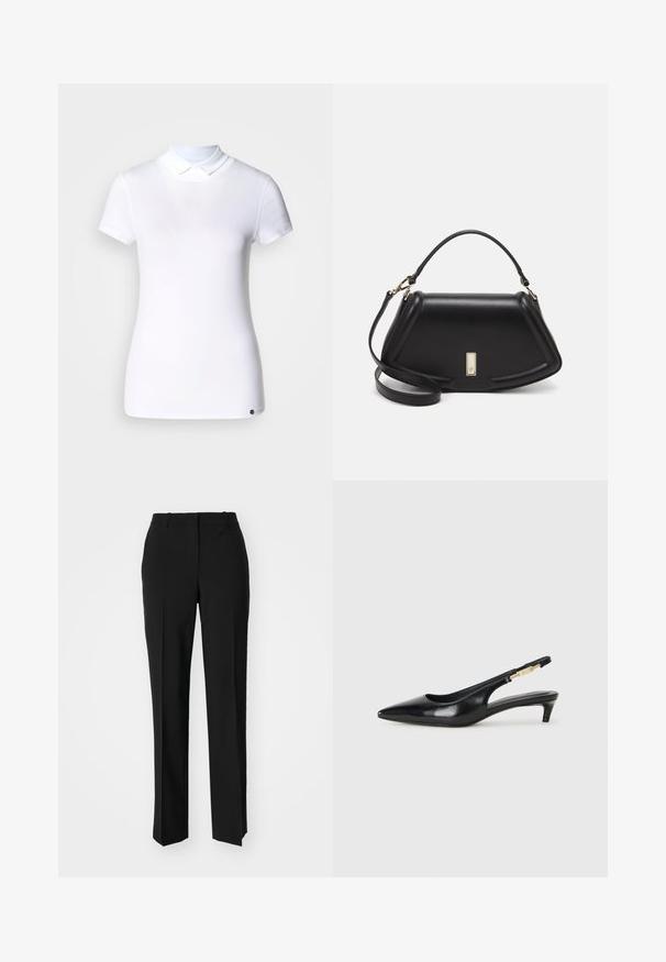Hvit kortermet polo skjorte i bomull med klassisk krage; har en liten logodetalj på nedre venstre side. Glatt tekstur.; Sorte skreddersydde bukser med rett silhuett, med en glatt tekstur og klare pressede bretter foran. Ingen synlig maskinvare.; Sorte lærreim hæler med spiss tå, som har en slank hæl og en gullfarget detalj på den justerbare stroppen. Glatt tekstur.; Sort lærveske med en strukturert design, som har en avkortet form, topphåndtak og detaljer i gull. Justerbar skulderstropp inkludert.