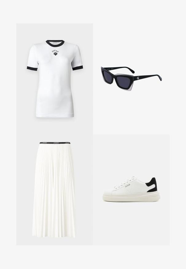 Vit t-shirt med kort ärm, svart krage och muddar, med texten "GUESS" och en ros-graphic på bröstet.; Fälld vit kjol med svart elastiskt midjeband som har "LACOSTE"-logotypen. Mittenlång design med mjuk textur.; Vita lädersneakers med en tjock vit sula, svartsuede hälaccent och präglad logotyp på sidan. Snörningsdesign med sex öglor.; Svart överdimensionerade solglasögon med geometrisk form, med mörka linser och en kontrasterande grå detalj på ramen. Logotyp på bygeln.