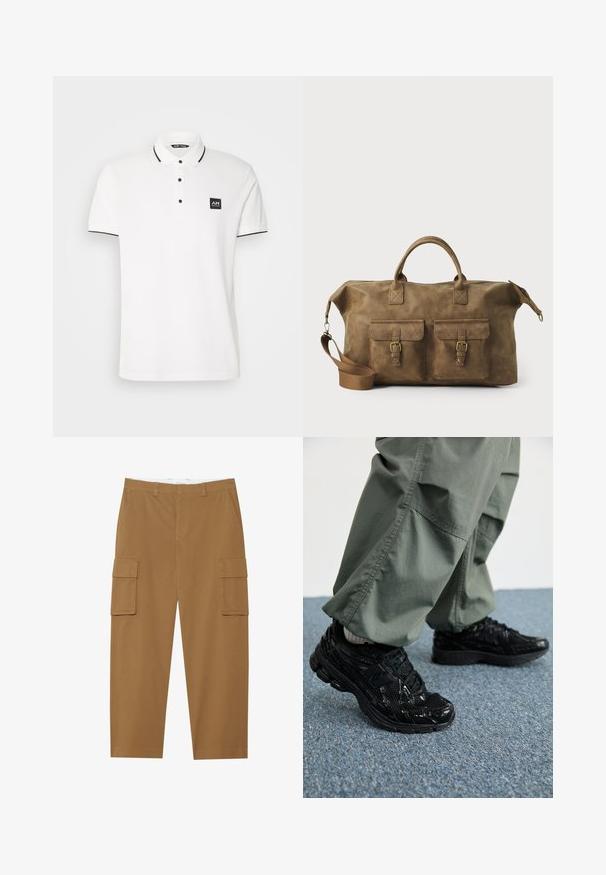 Camisa polo blanca de manga corta, con dos botones y un acento negro en el cuello. Presenta un parche cuadrado negro en el pecho.; Pantalones cargo marrones con dos bolsillos laterales, un frente plano y un corte recto. Fabricados con una tela duradera de textura suave.; Zapatillas deportivas negras con texturas brillantes y de malla, que presentan una suela gruesa y cordones, combinadas con pantalones cargo holgados de color verde oliva.; Bolso de cuero marrón tipo duffel con dos bolsillos frontales, correa para el hombro ajustable, herrajes dorados y asas superiores resistentes. Textura suave.