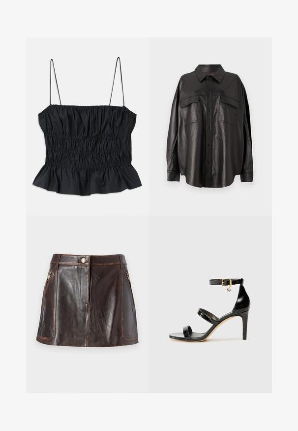Fekete crop top, amelyen elasztikus ráncolás található, vékony állítható pántokkal és fodros szegéllyel; sima textilből készült.; Fekete bőrdzseki gombbal elöl, hegyes gallérral és két mellzsebbel. Jellemzője a laza szabás és a sima textúra.; Barna bőr mini szoknya, mely elegáns dizájnnal, két cipzáras oldalsó zsebbel és kontrasztos varrással rendelkezik a szélein.; Fekete lakk bőr szandál három pánttal, bokapánttal és 10 cm magasságú tűsarokkal. Arany színű részletekkel és logó charm-mal rendelkezik.