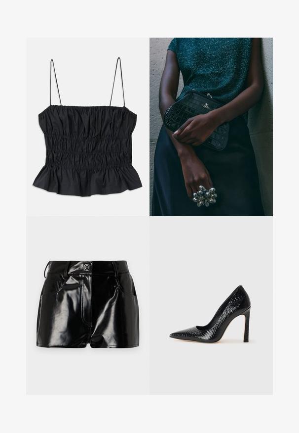 Black crop top featuring elastic ruching throughout, thin adjustable straps, and a ruffled hemline; made from a smooth textile.; Black, glossy shorts made of synthetic material. Features a fitted waist, belt loops, and front pockets with prominent stitching details.; Black pointed-toe high heel shoe with a crocodile-skin texture, featuring a sleek design, high stiletto heel, and smooth black interior.; Black crocodile-patterned clutch bag with silver hardware, held against a textured gray background. Features a shiny surface.
