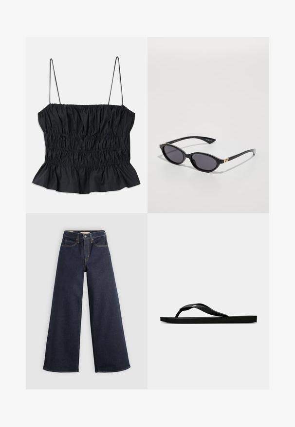 Fekete crop top, amelyen elasztikus ráncolás található, vékony állítható pántokkal és fodros szegéllyel; sima textilből készült.; Sötétkék, széles lábú farmernadrág, kontrasztvarrással. Hagyományos öt zsebes dizájn és gombos derékzár jellemzi.; Fekete gumipapucs, textúrált pánttal és egyszerű lapos talppal, oldalnézetből, világos háttér előtt.; Fekete napszemüveg ovális lencsékkel, sötét áttetsző árnyalattal és karcsú karokkal, amelyek finom arany részleteket tartalmaznak. Sima műanyag felület.; Burgundy színű, szintetikus anyagból készült kézitáska, strukturált dizájnnal, levehető pánttal és a fogantyúra kötött virágmintás sállal.