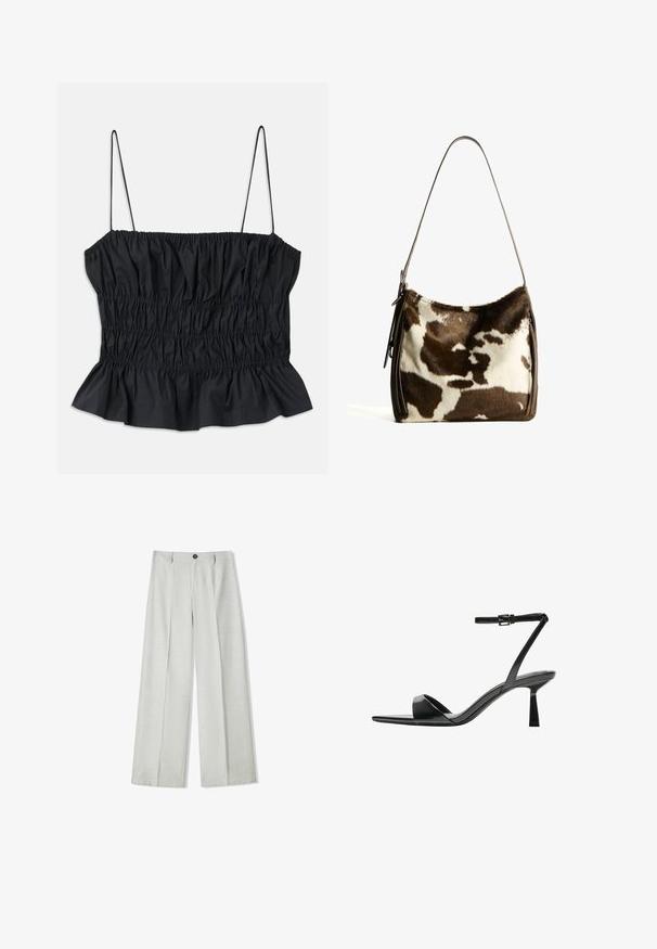 Zwart crop top met elastische rimpeling over de hele stof, dunne verstelbare banden en een gerimpelde zoom; gemaakt van een gladde textiel.; Lichtgrijze wijde broek van een gestructureerde stof, met een knoopsluiting en twee plooien aan de voorkant voor extra detail.; Bershka Sandalen met hoge hak - black; Bruine en crèmekleurige koeienhuid schoudertas met een gladde leren band, ritssluiting en een zachte, tekstuursurface met een natuurlijk patroon.