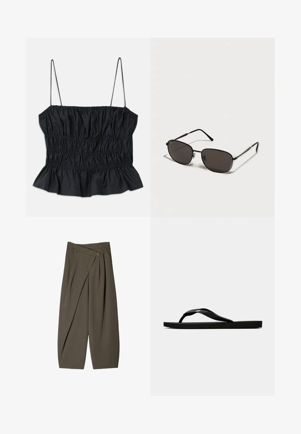 Čierny crop top s elastickým riasením po celom obvode, tenkými nastaviteľnými ramienkami a volánovým lemom; vyrobený z hladkej textílie.; Široké nohavice z tmavozelenej látky s plisovaným predným dizajnom, gombíkovým zapínaním a lesklým, textúrovaným povrchom.; Čierne gumené žabky s textúrovaným popruhom a jednoduchou plochou podrážkou, zobrazené z boku na jednofarebnom svetlom pozadí.; Čierne slnečné okuliare s oválnym rámom, tmavými sklami, štíhlymi stranicami a jemným logom na ľavom skle. Elegantný, minimalistický dizajn.