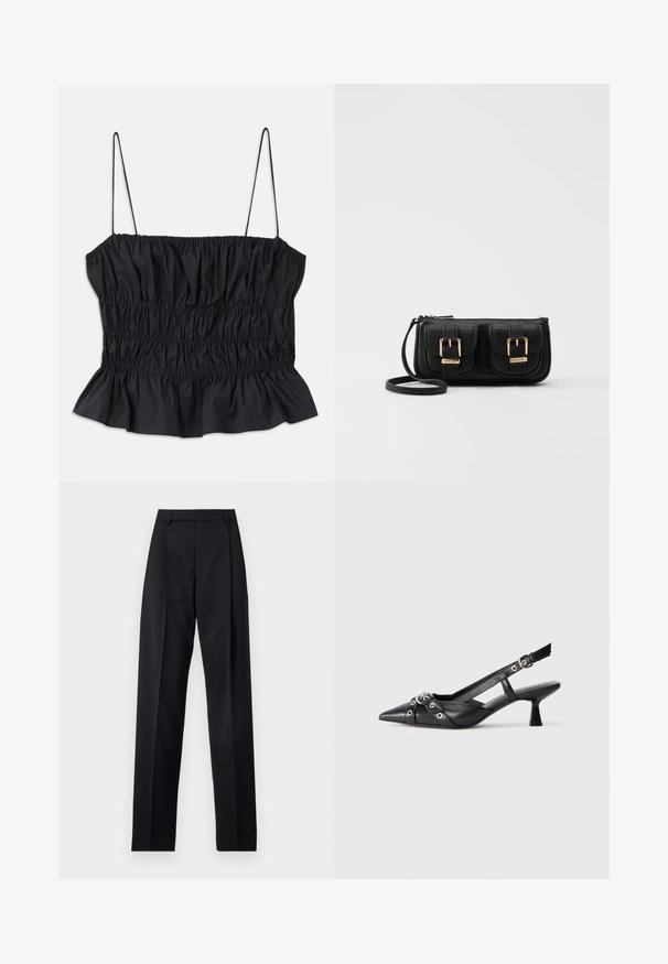 Musthave mustrõngas, millel on elastne rüüge, õhukesed reguleeritavad rihmad ja volangäär; valmistatud siledast kangast.; Mustad püksid siledast kangast, millel on kõrge vöökoht, laiad jalad, esimesed kortsud ja klassikalised vööloopid. Küljepockets pole nähtavad.; Must must have must toote tõmblukuga, dekoratiivsed rihmad metallist silmadega ja madal blokk-kand. Tekstureeritud pind.; Must küllastamata nahast õlakott, millel on kaks esist nähtavat taskut, kuldsed pandlad, tõmblukuga sulgemine ja peen rihm. Tekstuuriga pind ja kompaktne ristkülikukujuline kuju.