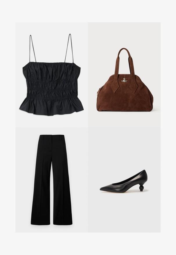 Černý crop top s elastickým řasením po celé ploše, tenkými nastavitelnými ramínky a volánovým lemem; vyrobený z hladkého textilu.; Černé kalhoty s širokými nohavicemi, které mají hladkou texturu, strukturovaný pas a přední skládané detaily. Minimalistický design bez viditelného kovového hardwaru.; Černá kožená vysoká bota na podpatku s špičatou špičkou a kulatým, zaobleným podpatkem. Hladká textura s elegantním, minimalistickým designem.; Hnědá semišová kabelka se strukturovaným tvarem, zaobleným tělem a prodlouženými úchyty ve tvaru diamantu. Obsahuje stříbrné kování na zavírání.