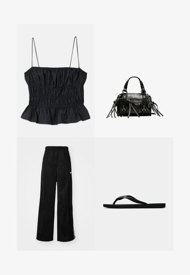 Czarny crop top z elastycznym marszczeniem na całej powierzchni, cienkimi regulowanymi ramiączkami i falbaniastym dołem; wykonany z gładkiego materiału.; Czarne szerokie spodnie dresowe z elastycznym pasem, z białymi paskami po bokach i małym logo na lewym biodrze. Gładka tekstura materiału.; Czarne gumowe klapki z teksturowanym paskiem i prostą płaską podeszwą, przedstawione z boku na jasnym jednolitym tle.; Czarna skórzana torebka z plecionymi uchwytami, teksturowaną powierzchnią, zamykanym z przodu kieszonką oraz dekoracyjnymi frędzlami. Kompaktowy i wyraźny kształt.