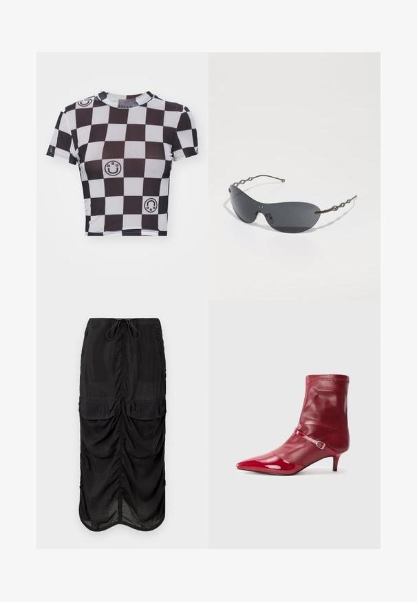 Svart og hvit rutete crop topp med smilende ansikt og logo grafikk, korte ermer og rund halsutskjæring. Laget av elastisk stoff.; Svart midi-skjørt laget av lett materiale. Har rynkedetaljer, to frontlommer og en drawstring-linning for justerbarhet.; Rød syntetisk ankelstøvel med spiss tå, blank overflate og slank hæl. Har en stropp med metallspenne og elastisk mansjett.; Solbriller med mørke grå linser, strømlinjeformet buet fasong og særpregete bølgende metallarmer. Overflaten er glatt med en subtil matt finish.; Svart patentlæder handbag med en trekantet form, der har en top lynlås og justerbar rem. Logoet "KARL LAGERFELD JEANS" i sølv.