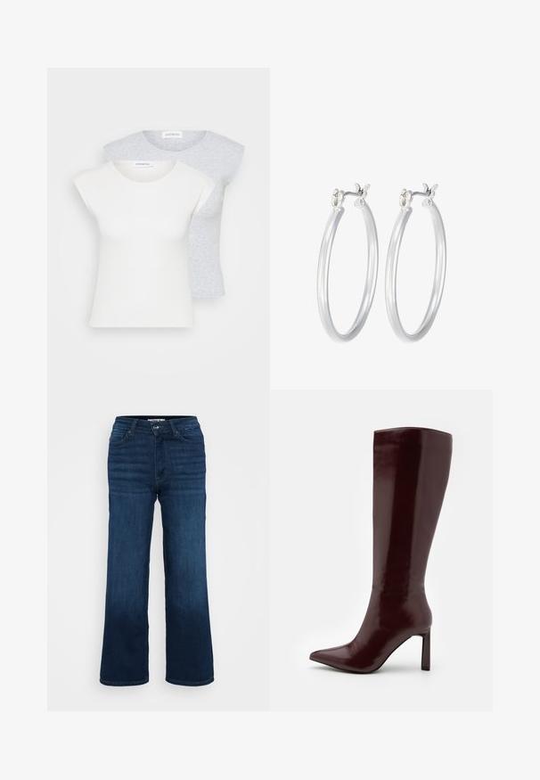 Dve prilegajoče majice v beli in svetlo sivi barvi. Obe imata kratke rokave, okroglo ovratnik in rebrasto teksturo. Narejene so iz mehkega blaga.; ONLY Petite ONLMADISON BLUSH WIDE - Široke hlačnice - dark blue denim; Even&Odd Škornji - dark red; Srebrni obroči za ušesa z gladko, polirano površino. Okrogla oblika in varna zaponka s klikom. Lahka zasnova, primerna za vsakodnevno nošenje.
