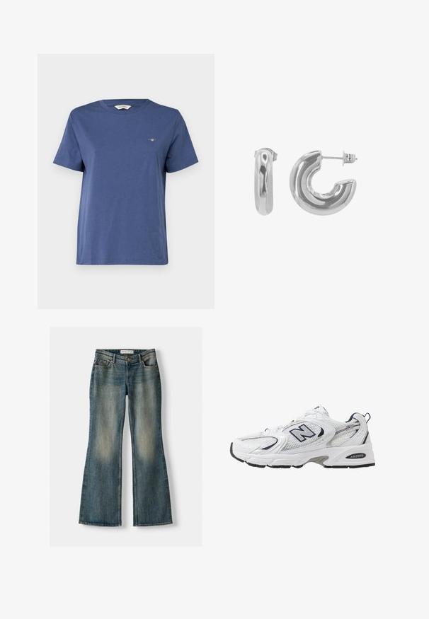 GANT PRINTED ARCHIVE SHIELD - T-Shirt basic - dusty navy; Hemden aus leichtem Stoff mit blauen und weißen vertikalen Streifen, strukturierter Kragen und gerafftem Detail in der Mitte vorne.; Blaue Schlagjeans mit einem ausgewaschenen Look, fünf Taschen und einem Knopfverschluss. Das Material zeigt eine Denim-Textur mit dezenten Stickdetails.; Weißer Sportschuh mit Mesh-Obermaterial, navyblauen Akzenten und gepolsterter Sohle. Verfügt über das "N"-Logo, Schnürsenkel und eine strukturierte Detailverarbeitung an der Seite.; Silberne Metallohrringe mit einer glatten, glänzenden Oberfläche. Einer ist ein geschlossener Ring; der andere hat ein teilweise offenes, geschwungenes Design.
