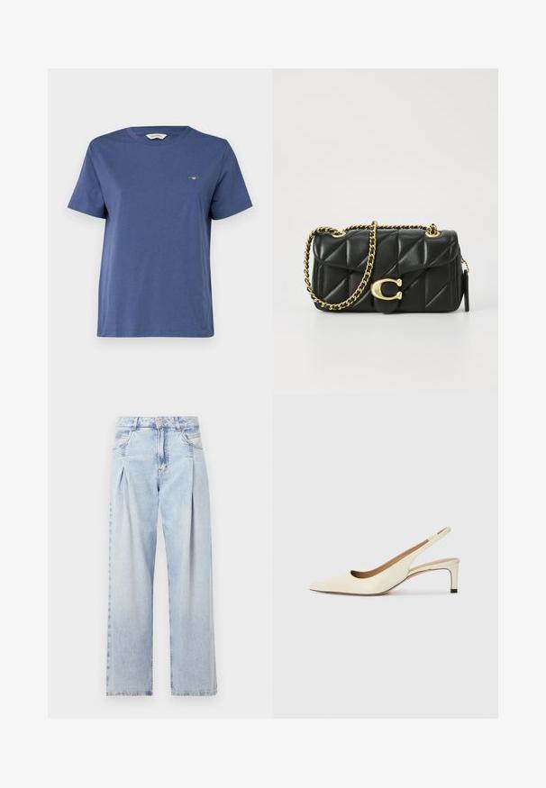 GANT PRINTED ARCHIVE SHIELD - Basic póló - dusty navy; Világoskék farmernadrág magas derekú, bő szabású, két oldalsó zsebbel és pliszírozott dizájnnal. Puha tapintású, elhalványított felület.; Fűzött orrú, elöl nyitott sarkú cipő, off-white bőrből készült, alacsony sarkú, kivágott dizájnnal, sima textúrával és minimalista kiegészítőkkel.; Fekete steppelt bőr kézitáska arany lánc pánttal és kör alakú akasztóval. Kompakt, téglalap alakú.
