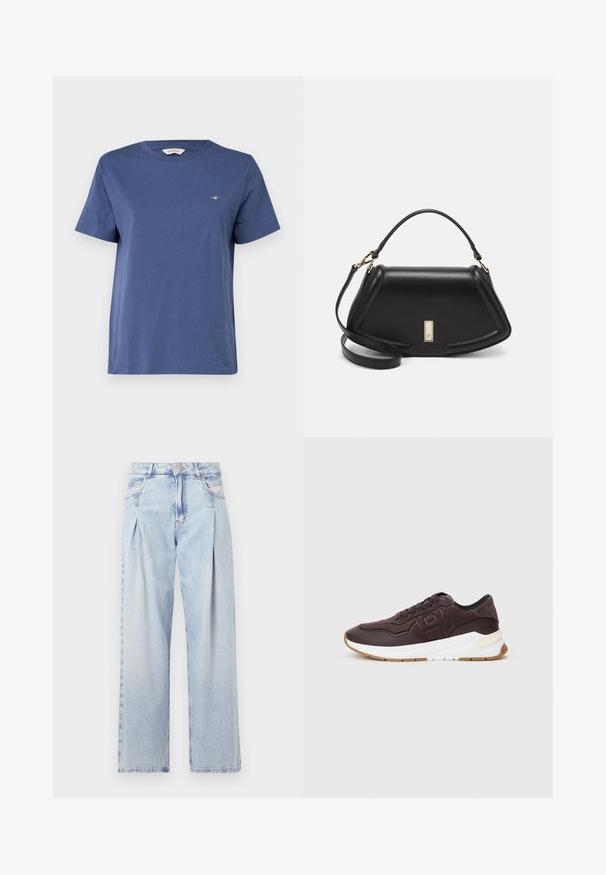 GANT PRINTED ARCHIVE SHIELD - T-shirts basic - dusty navy; Lyseblå denim jeans med høj talje, bred benåbning, to sidelommer og plisseret design. Blød tekstur med et falmet finish.; Mørkebrune sneakers med sort kant, præget logo på siden, hvid tykk sål og gummifarvet ydersål på en ensfarvet baggrund.; Sort læderhåndtaske med en struktureret design, der har en kortet form, tophåndtag og guld hardware-accenter. Justerbar skulderrem inkluderet.