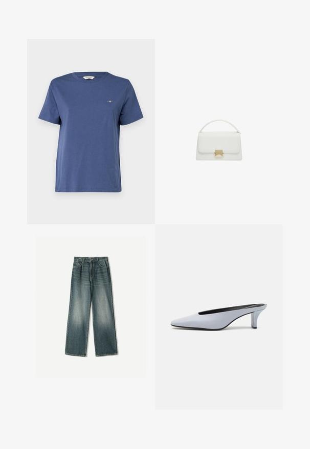 GANT PRINTED ARCHIVE SHIELD - Jednoduché tričko - dusty navy; Džíny s širokými nohavicemi v bledě modré barvě, s pěti kapsami, zapínáním na knoflík a jemným efektem odření na přední straně.; Světle modrý lakovaný kožený mule s špičatou špičkou, nízkým transparentním podpatkem a štíhlým designem s výřezem na nártu.; Bílá kožená taška s pevnou konstrukcí, vybavená horní rukojetí a zlatým uzávěrem. Hladká textura a minimalistické detaily.
