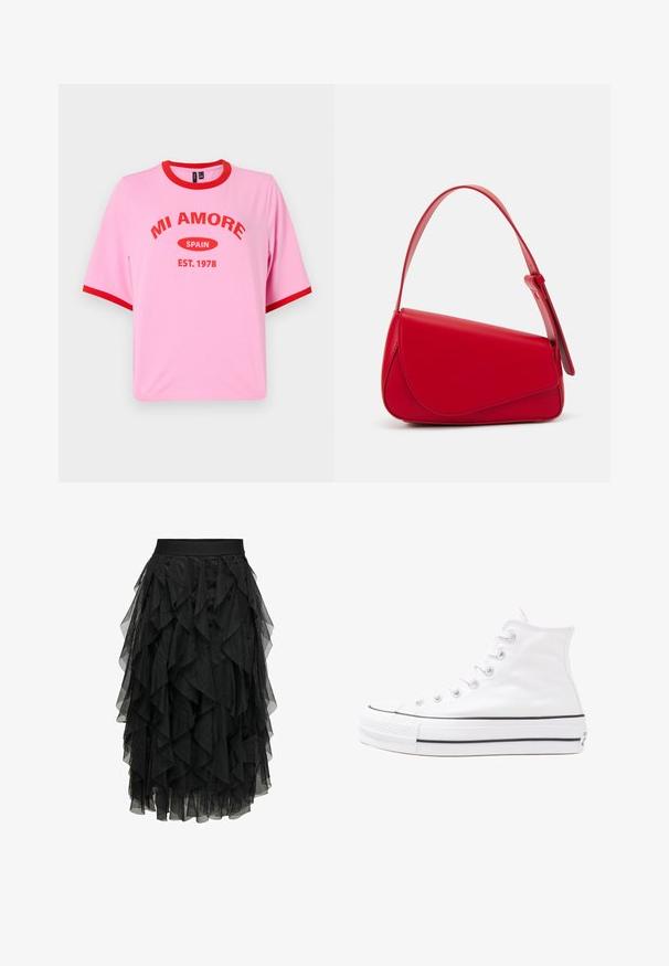 Rozā kokvilnas T-krekls ar īsām piedurknēm, sarkanu apļveida kakla izgriezumu un piedurkņu akcentiem, uz kura ir attēloti vārdi "MI AMORE SPAIN EST. 1978" treknā sarkanā tekstā.; Melnā midi svārki, izgatavoti no slāņota tilla ar rumbu dizainu. Iekļauj elastīgu jostu. Caurspīdīgs audums pievieno tekstūru un kustību.; Balti augstie kanvas sporta apavi ar melnu gumijas zoli, priekšējo gumijas purngalu un sešām acīm lencēm, kuriem ir tīrs, minimālistisks dizains.; Sarkans ādas rokassomi ar stūrainu, ģeometrisku dizainu. Iekļauj vienu regulējamu siksnu un vāku ar izšūtu detaļu.