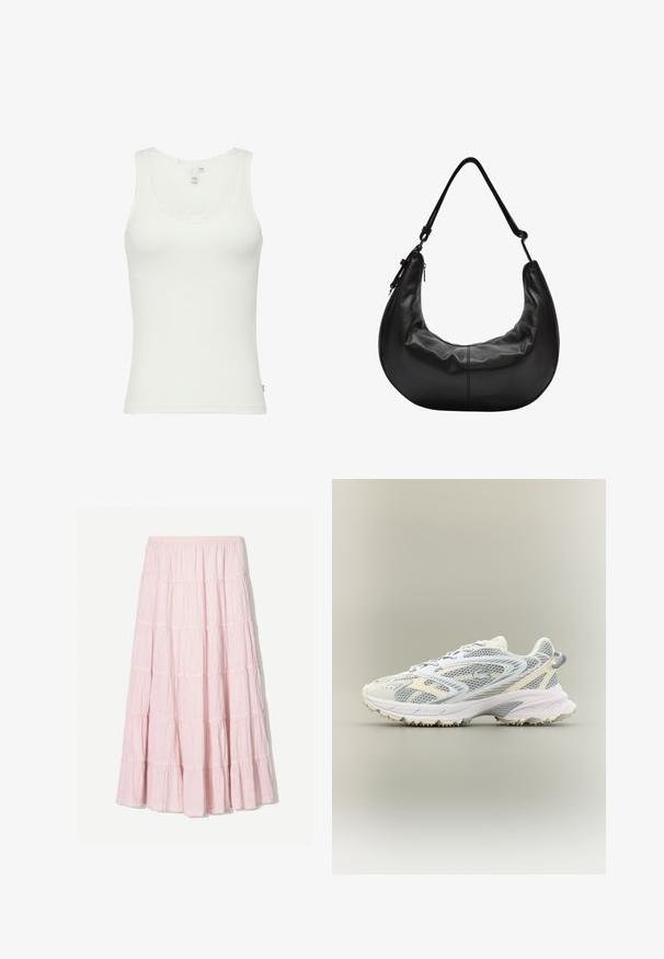 Witte tanktop van ribkatoen, met een geschulpte kanten halslijn, een aansluitende pasvorm en een label aan de zijkant met maatinformatie.; Lichtroze, gelaagde maxi-rok van een gestructureerde, lichte stof. Elastische tailleband en vloeiende zoom met ruches.; Sport sneakers met een bovenwerk van mesh in wit en lichtgrijs, een gevoerde zool en een gestructureerde rubberen loopzool voor grip.; Zwarte leren handtas met een halve maan vorm, gladde textuur, een enkele schouderriem en een ritsluiting aan de bovenkant. Minimalistisch ontwerp.; Gouden ringoorbellen met een gestructureerde afwerking, voorzien van blauwe bloesem-emaillering langs de voorrand. Circulaire vorm, met scharnierontwerp.