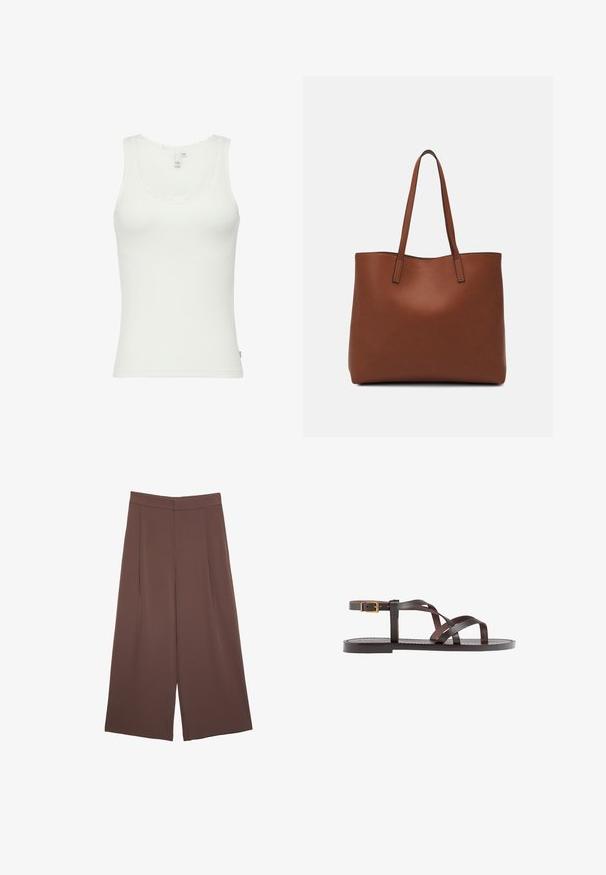 White tank top made of ribbed cotton, features a scalloped lace neckline, fitted shape, and a label on the side with size details.; Brown wide-leg trousers with a smooth texture, featuring a high waist and front pleats. The fabric is lightweight and flows loosely.; Brown leather sandal featuring crisscross straps, an ankle buckle closure, and a flat sole with minimal stitching details.; Brown leather tote bag with a smooth texture, open top design, and two shoulder straps. Features minimal stitching and no visible hardware.