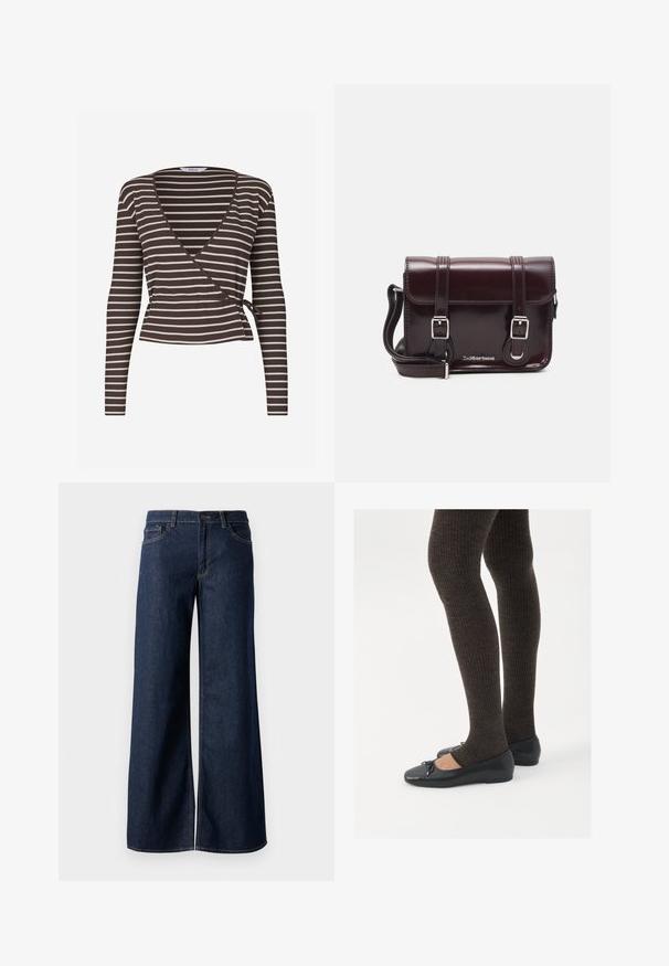 Bruin- en crème gestreept langärmlig wikkeltop met diepe V-hals en strik in de taille, gemaakt van geribd stof.; Stijlen met wijde pijpen in donkerblauw denim. Kenmerkt zich door contrasterende stiksels, vijf zakken en een knoopsluiting in de taille. Soepele textuur.; Zwarte platte schoenen met een kleine strikdetail op de neus, gecombineerd met donkerbruine geribbelde panty’s. De schoenen hebben een gladde textuur en een lage profiel.; Bordeaux patent leren crossbody tas met een rechthoekige vorm, twee banden, zilveren hardware en een klep sluiting.