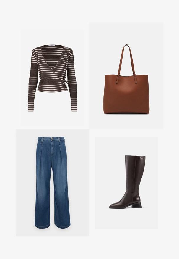 Haut cache-cœur à manches longues rayé marron et crème, avec un col en V profond et une ceinture à nouer à la taille, en tissu côtelé.; Pantalon en denim à jambes larges dans un bleu moyen. Il dispose d'une fermeture à bouton, de deux plis à l'avant et de coutures contrastantes. Texture douce et finition lisse.; Bottes en cuir marron arrivant au genou avec une finition lisse, bout rond et un talon empilé noir. Design simple avec des détails matériels minimaux.; Sac fourre-tout en cuir marron avec une texture lisse, design à ouverture supérieure et deux poignées pour le porter à l'épaule. Présente des coutures minimales et aucun matériel visible.