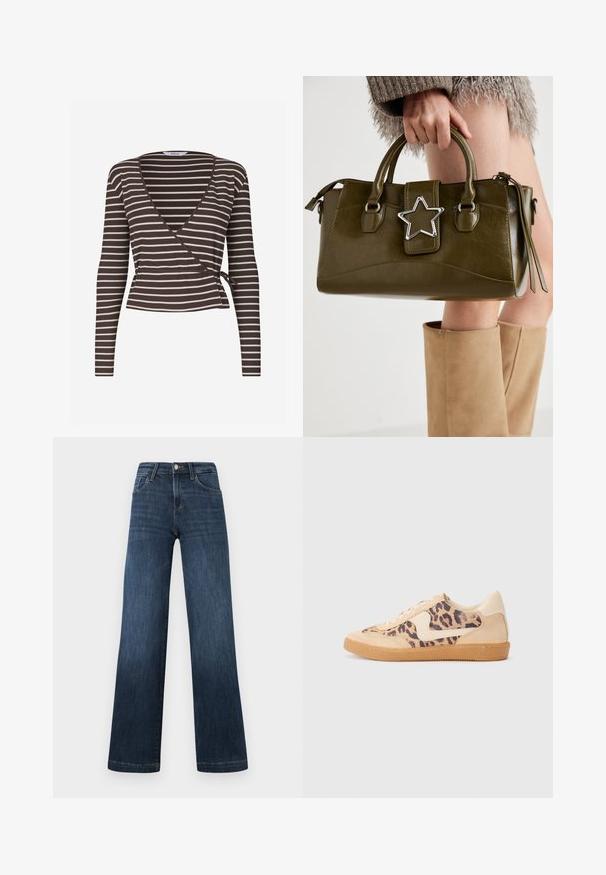 Brown and cream striped long-sleeve wrap top with a deep V-neck and tie at the waist, made of ribbed fabric.; Dark blue denim jeans with a wide-leg design, featuring five pockets and a front button closure. Smooth texture and classic stitching details.; Leopard print sneakers with beige suede upper, tan rubber sole, and white accents. Round toe and lace-up design with a textured finish.; Olive green faux leather handbag with silver star accent, dual handles, and a zip closure. Textured surface and structured shape.