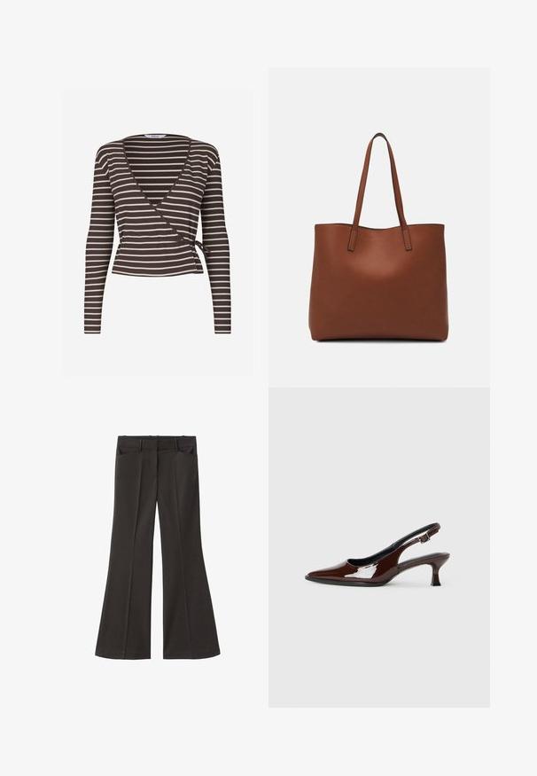 Braun-creme gestreiftes Wickeloberteil mit langen Ärmeln, tiefem V-Ausschnitt und Bindeband in der Taille, aus geripptem Stoff.; Schwarze, weit geschnittene Hosen mit hoher Taille; verfügt über zwei Fronttaschen und eine glatte Stoffoberfläche. Geeignet für verschiedene Anlässe.; Braune Lackleder-Slingback-Schuhe mit spitzer Zehe und moderatem Absatz. Mit einem Schnallenriemen für einen sicheren Sitz. Glatte Textur.; Braune Leder-Tote mit glatter Textur, offenem Oberteil und zwei Schulterriemen. Verfügt über minimale Nähte und keine sichtbaren Beschläge.