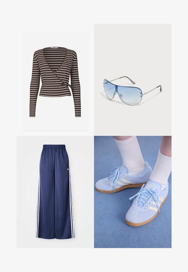 Μπλούζα με ριγέ καφέ και κρεμ χρώμα, μακρυμάνικη, τύπου wrap, με βαθύ V-λαιμόκοψη και δέσιμο στη μέση, κατασκευασμένη από ριμπ ύφασμα.; Ναυτικά μπλε παντελόνια με φαρδύ πόδι και κατακόρυφες λευκές ρίγες, με ελαστική μέση και τρεις λευκές ρίγες σε κάθε πλευρά, κατασκευασμένα από ελαφρύ υλικό.; Ανοιχτό μπλε σουέτ αθλητικά παπούτσια με λευκές ρίγες, επίπεδα κορδόνια και σόλα από καουτσούκ. Φορούνται ριγωτές λευκές κάλτσες πάνω από τον αστράγαλο.; Γυαλιά ηλίου aviator με γκριδενά μπλε φακούς, ασημένιο μεταλλικό σκελετό και διακοσμητικά αστέρια στους φακούς. Λείος και κομψός σχεδιασμός.