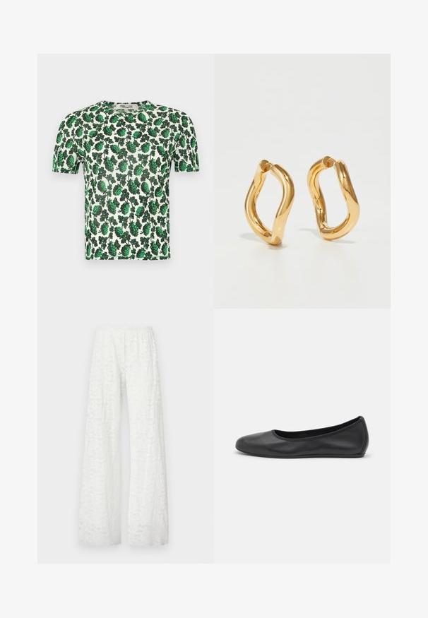 Zeleni cvjetni kratki rukav vrh s velikim listnatim uzorcima na bijeloj pozadini, izrađen od laganog, rastezljivog materijala.; Bijele hlače širokih nogavica s elastičnom gumicom u struku, s teksturiranim, cvjetnim čipkastim uzorkom kroz cijelu tkaninu.; Crne kožne baletanke s zaobljenim vrhom, glatke teksture, minimalnim detaljima šavova i fleksibilnim dizajnom potplata.; Zlatne naušnice-krugovi s zakrivljenim, nepravilnim oblikom i glatkom, poliranom teksturom. Nema vidljive mehanike ili detalja.