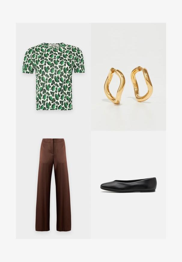 Zielona, kwiatowa bluzka z krótkim rękawem, ozdobiona dużymi liściastymi wzorami na białym tle, wykonana z lekkiego, elastycznego materiału.; Brązowe spodnie o szerokich nogawkach wykonane z gładkiego, lekkiego materiału, z płaskim przodem, bez kieszeni i prostym krojem.; Paul Smith TOPANGA czarny; Złote kolczyki w kształcie obręczy o zakrzywionym, nieregularnym kształcie oraz gładkiej, wypolerowanej powierzchni. Brak widocznych elementów sprzętowych lub akcentów.