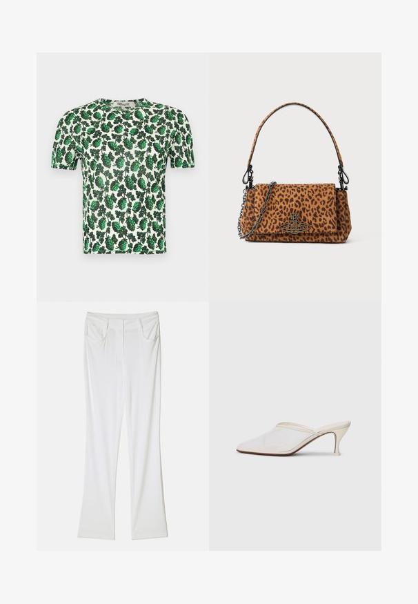 Grön blommig kortärmad topp med stora bladvitsmönster på en vit bakgrund, tillverkad av ett lätt och elastiskt material.; Vita utsvängda byxor med en slät tygtextur, med två framfickor och ett stitchat midjeband för en figursydd look.; Vit nät-mule med spetsig tå, smal klack i medelhöjd och slip-on design mot en enkel bakgrund.; Väsk med leopardmönster, tillverkad av mocka, med ett kort handtag, en kedjeslinga och ett spänne i svart metall. Rektangulär form med klaffstängning.