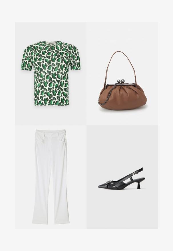 Grön blommig kortärmad topp med stora bladvitsmönster på en vit bakgrund, tillverkad av ett lätt och elastiskt material.; Vita utsvängda byxor med en slät tygtextur, med två framfickor och ett stitchat midjeband för en figursydd look.; Svart lädersko med slingback-design, spetsig tå, dekorativa remmar med metallöglor och en låg klack. Texturerad yta.; Brun läderhandväska med en samlad design, ett kort läderhandtag och en kedjestrapsrem. Har ett silverfärgat metallspänne med två runda detaljer.