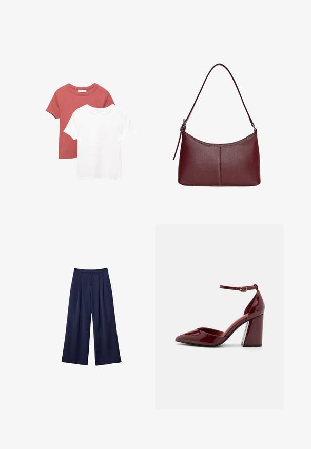 Due magliette a maniche corte; una in terracotta con colletto rotondo e una bianca. Entrambe presentano un materiale in cotone morbido.; Pantaloni a gamba larga blu navy con pieghe, vita con bottoni e passanti per cintura, mostrati distesi su uno sfondo bianco.; Pantofole col tacco alto in vernice bordeaux con punta affusolata, cinturino alla caviglia e tacco spesso. Texture liscia e design elegante.; Borsa a tracolla in pelle bordeaux con forma curvata, una sola tracolla e dettagli cuciti al centro. Texture liscia, hardware minimale.