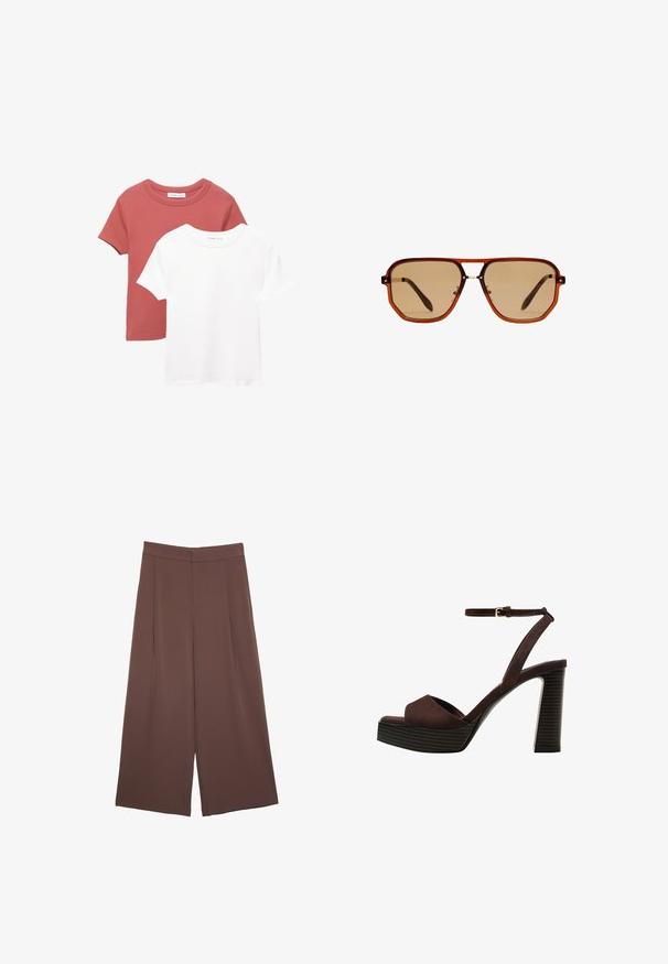 Dve tričká s krátkym rukávom; jedno v terakotovej farbe s okrúhlym výstrihom a jedno v bielej farbe. Obe sú vyrobené z jemného bavlneného materiálu.; Hnedé nohavice so širokými nohavicami a hladkou textúrou, s vysokým pásom a prednými skladmi. Tkanina je ľahká a voľne sa pohybuje.; Hnedé semišové sandále na vysokom podpätku s otvorenou špičkou, nastaviteľným členkovým remienkom a pruhovanou platformovou podrážkou.; Hnedé osemuholníkové slnečné okuliare s priehľadným jantárovým rámom a hnedými tónovanými sklami. Obsahujú kovový akcent na mostíku a štíhle nožičky.; Hnedá kožená taška so zberaným vrchom a reťazovým popruhom. Hladký povrch s lesklým finišom a jemným švom po stranách.